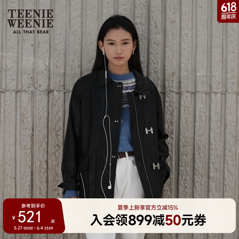 Teenie Weenie小熊冬裝新款飛機(jī)扣翻領(lǐng)機(jī)車pu皮衣外套美式黑色夾克 黑色155/XS