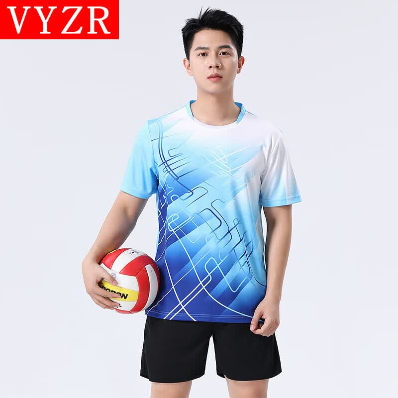 VYZR运动套装女夏季新款透气羽毛球服跑步健身男女修身短袖短裤两件套 天空蓝 S
