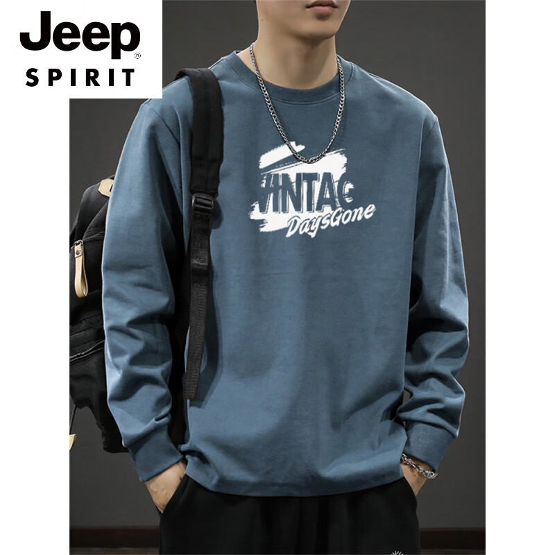 JEEP SPIRIT美式春秋季男士束口长袖t恤潮牌百搭休闲宽松纯棉男款上衣打底衫 卡其色束口长袖-2348 L 【建议125-150斤】