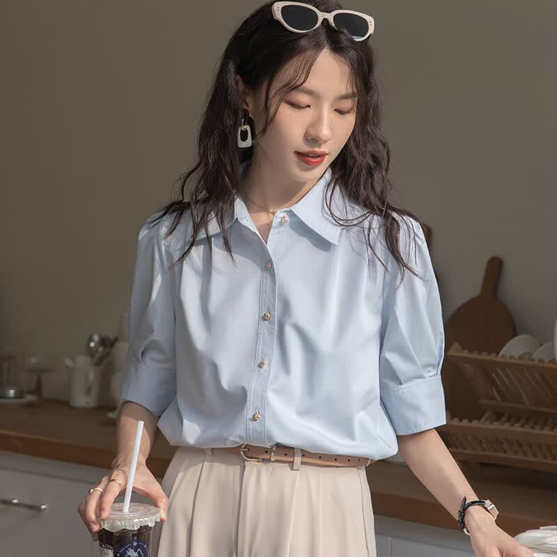 潮梦城短袖衬衫女法式泡泡袖蓝色衬衫女2025夏季新款面试正装职业通勤短 浅蓝色 S  建议85-100斤