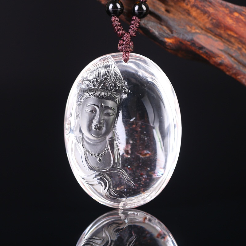 卫城天然白水晶观音菩萨吊坠云母矿水晶挂件雕刻观音像项链