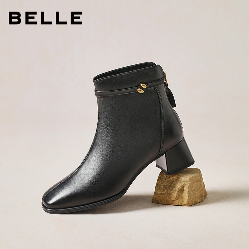 百丽（Belle）气质羊皮时装靴女冬季新款商场同款高跟通勤优雅短靴3LI44DD5 黑色-单里 36 (230mm)