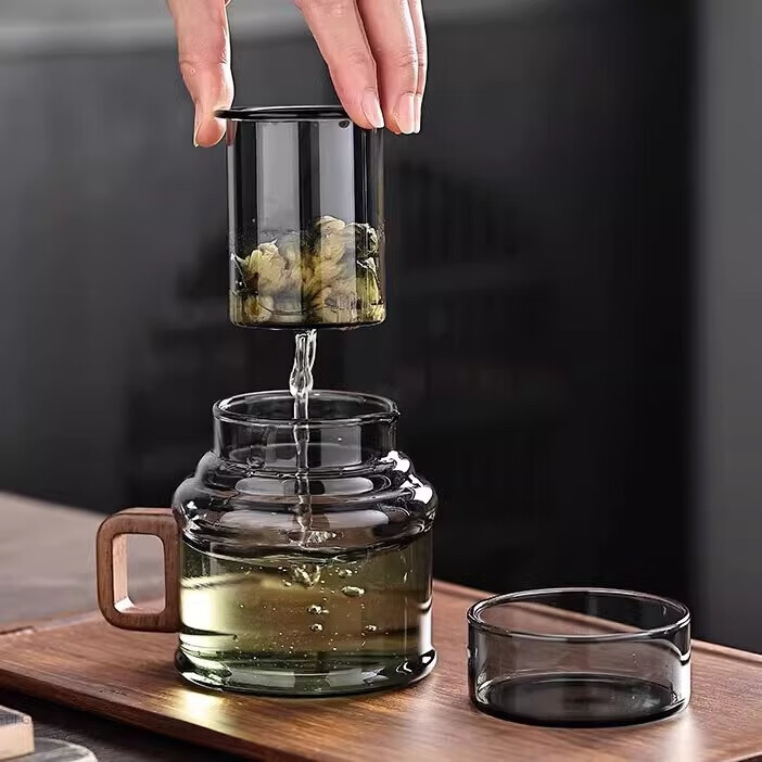 溥畔茶壶玻璃墩墩壶泡茶杯办公室小容量茶水分离喝水壶带木把功夫茶具 【400ml】敦敦壶【青灰色】