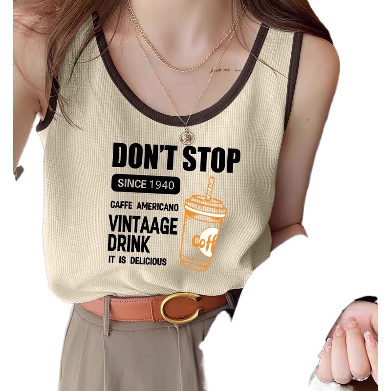 【精选】美式复古无袖坎肩吊带上衣运动背心女装宽松显瘦打底内搭 咖啡色字母咖啡白 S 码建议80-95斤