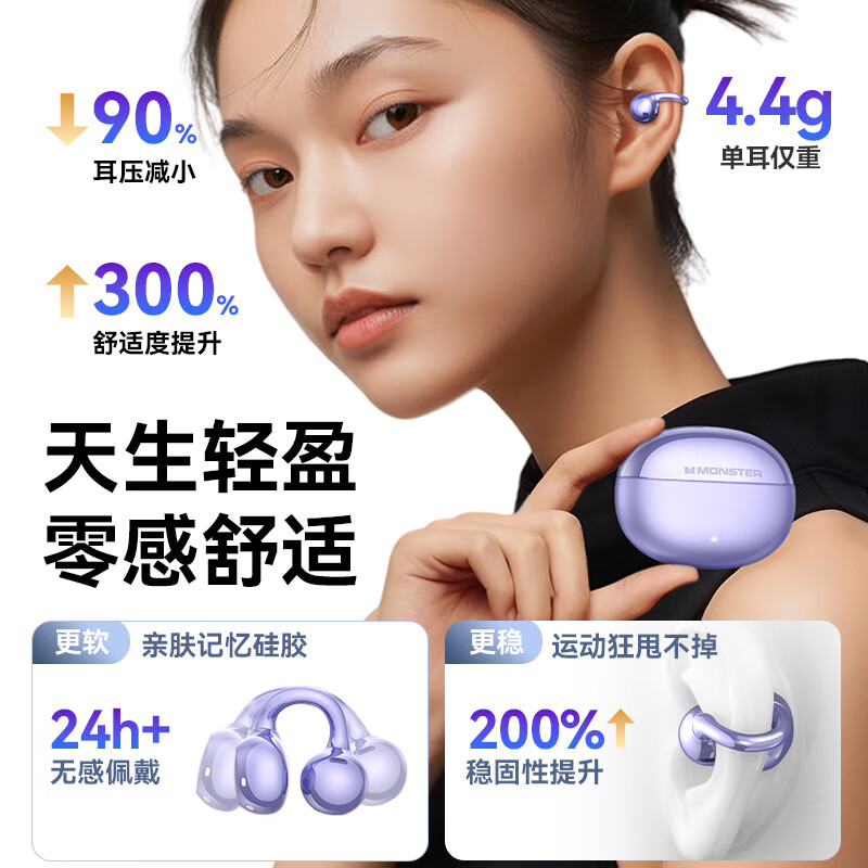魔声(Monster)Open Ear AC226开放式蓝牙耳机 骨传导概念蓝牙耳机无线夹耳式不入耳耳夹式主动降噪 手机通用 AC226黑色【新款-HIFI零感佩戴】