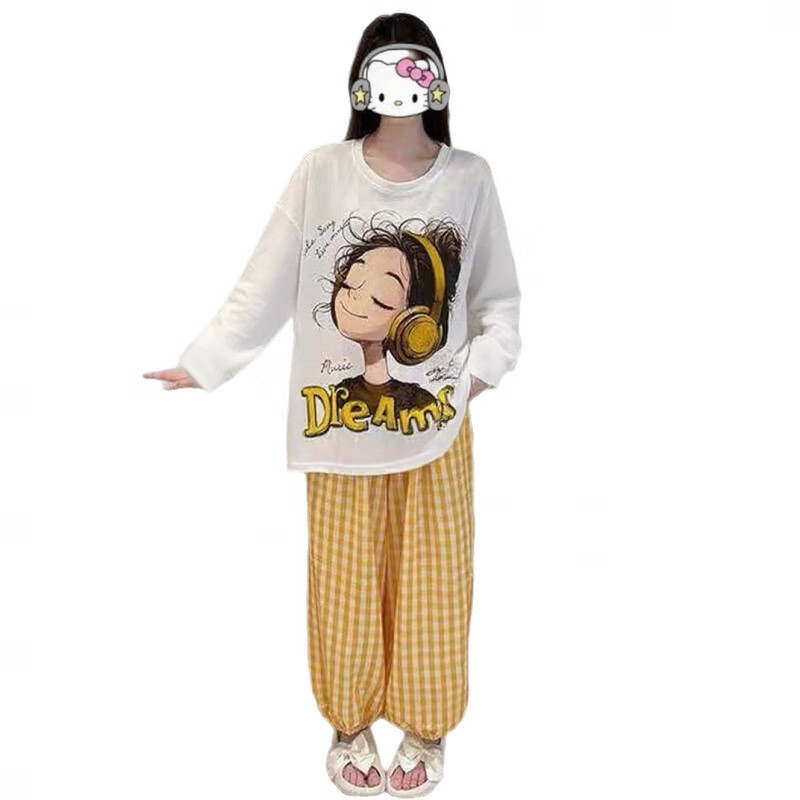 雅鹿睡衣女春秋长袖薄款带胸垫卡通家居服套装长袖长裤可爱学生云朵 H2231双长-花卉蝴蝶结女孩(黄) M 【70-85斤】