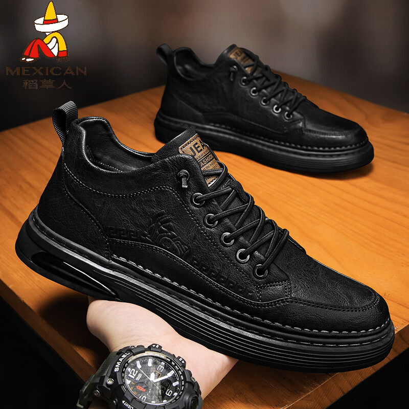 稻草人（MEXICAN）冬季特大码男鞋45脚肥加宽真皮板鞋男46加绒休闲皮鞋47运动鞋49 961黑色 46