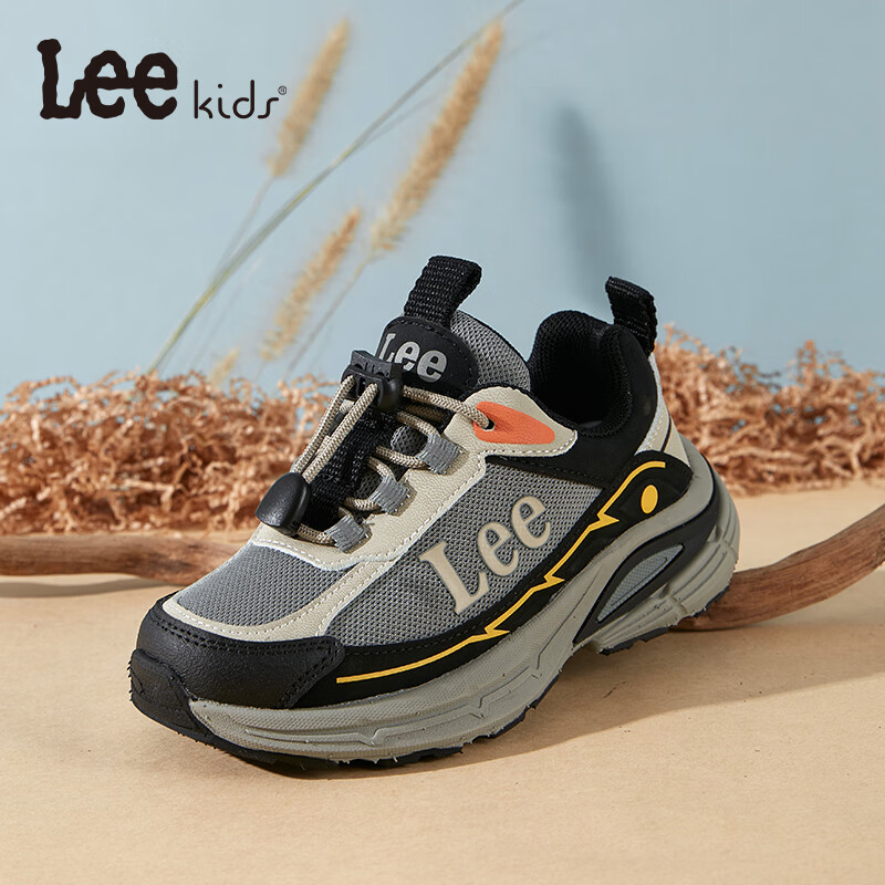 LEE KIDS童鞋秋季新款儿童透气跑步鞋女童防滑运动鞋男大童网面休闲老爹鞋 黑米 26 【建议脚长157-163mm】
