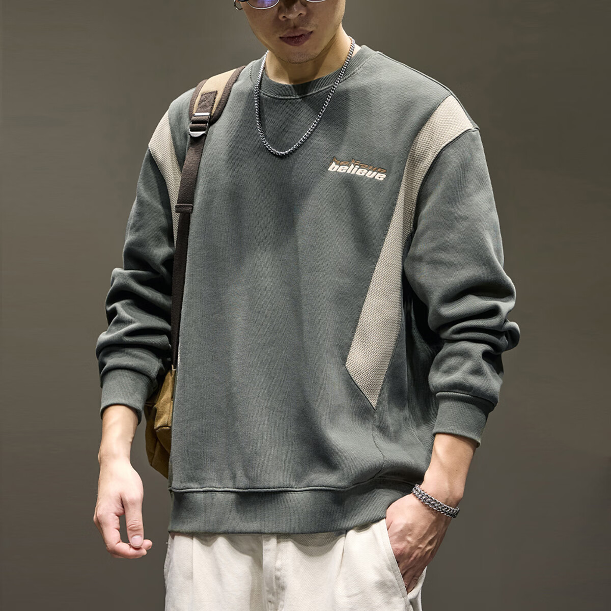 新百伦重磅卫衣男士春秋款宽松大码长袖t恤高端春装上衣外套男 灰绿 常规 XL 码【建议140-160斤】