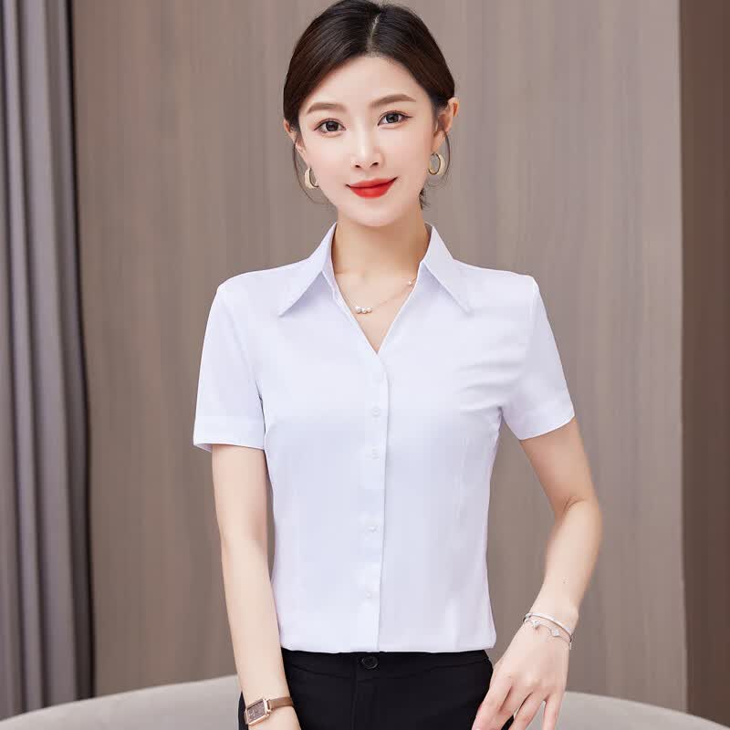 深V领白色衬衫女短袖职业2026新款夏季气质修身通勤工作服装免烫 白色 (V领) 4XL (150-160斤)