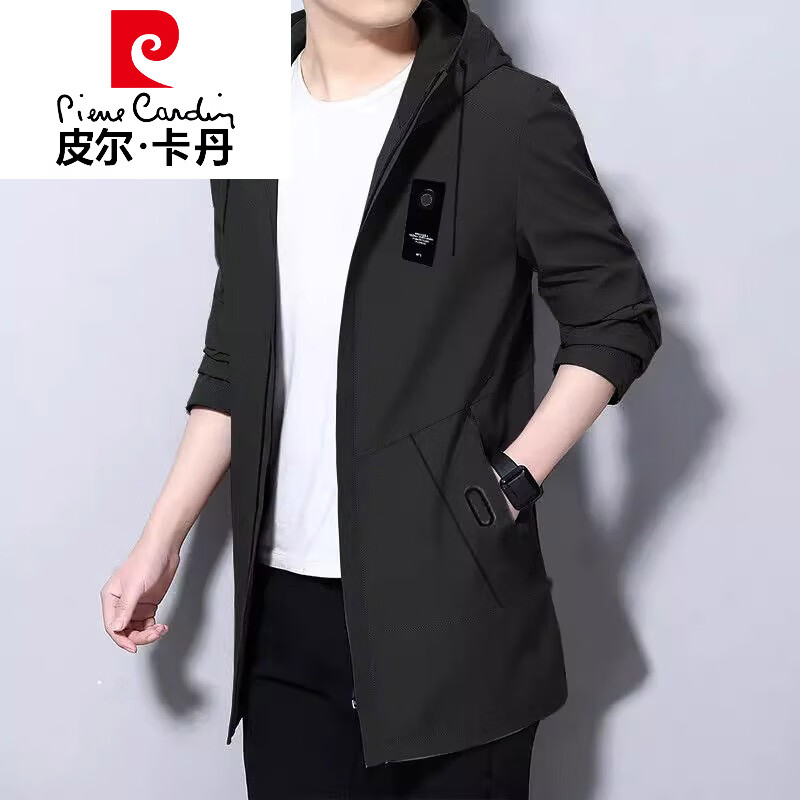 皮尔卡丹（pierre cardin）高档品牌中长款风衣外套男士2026年秋季新款潮流休闲连帽夹克男装 595黑色 M 【70-95】