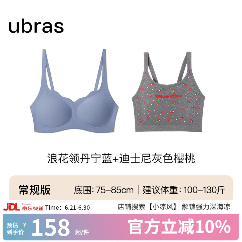 ubras无尺码浪花领背勾文胸收副乳内衣女无痕小胸聚拢迪士尼小背心文胸 丹宁蓝背勾+灰色樱桃背心 均码 （100~130斤）