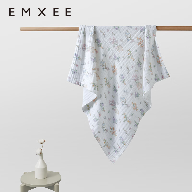 嫚熙（EMXEE）婴儿纱布浴巾纯棉宝宝新生儿童浴巾大尺寸洗澡包裹包巾 绮幻花信 110×110cm