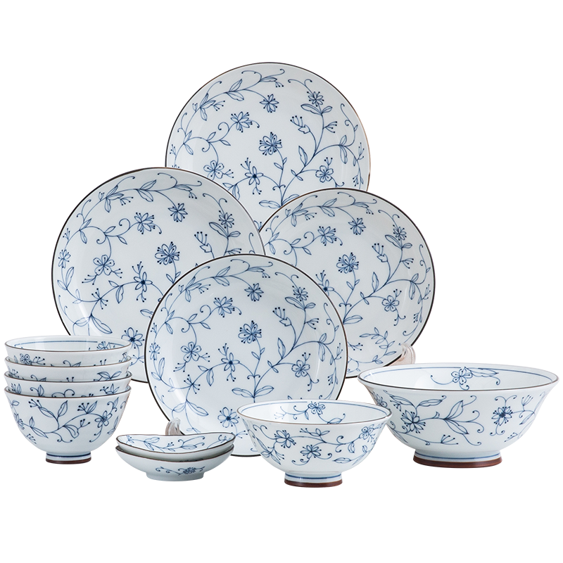 千代源光峰線唐草餐具日本原裝進口家用釉下彩陶瓷飯碗面碗湯碗日式小碗 5.7英寸反口碗