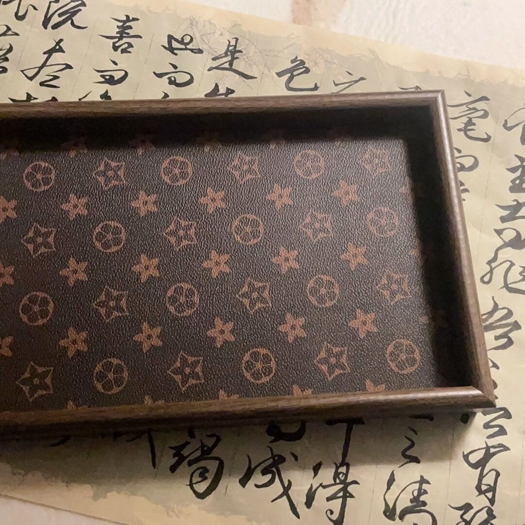 溥畔高档复古茶盘胡桃木首饰长方形轻奢木质收纳酒杯茶水文玩茶盘托盘 轻奢款:胡桃木色皮革托盘 一个