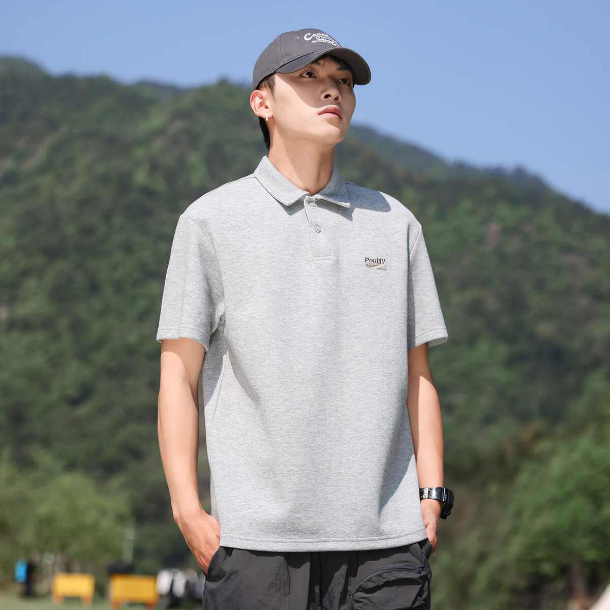 布衣传说【合集】夏季纯色polo衫男短袖宽松半袖打底衫 麻灰c L