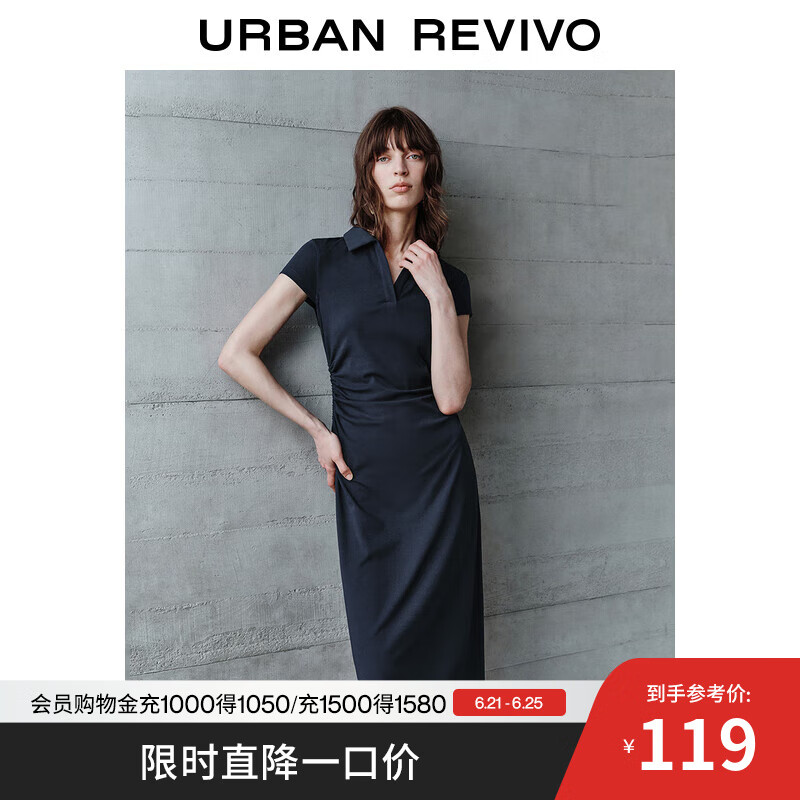 UR2025夏季新款女装简约褶皱修身Polo领短袖连衣裙UWM750051 墨蓝 M