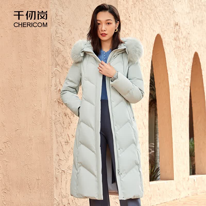 千仞岗秋冬季长款连帽羽绒服女士狐狸毛领百搭休闲外套时尚保暖防寒服 尼加拉蓝 M (165)