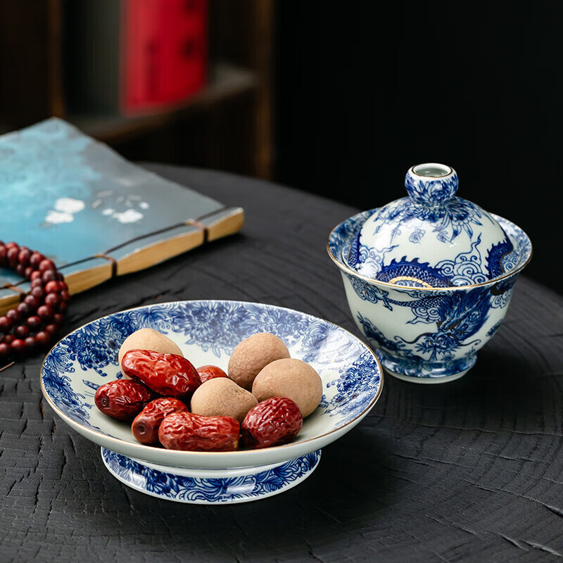 京峰阁 茶具三才盖碗套装 景德镇陶瓷青花瓷高档泡茶碗家用办公室送礼物 鱼化龙纳福三才盖碗180ml