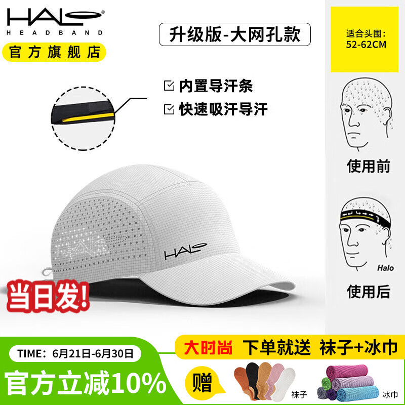 HALOHDBAND美國(guó)HALO跑步帽子戶外運(yùn)動(dòng)導(dǎo)汗防曬男女馬拉松遮陽超輕量馬拉松帽 升級(jí)-白色【大網(wǎng)孔】-防紫外線