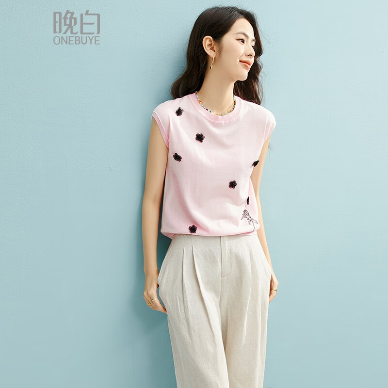 晚白【断码清仓】2026年春款时尚气质上衣休闲莱赛尔圆领针织衫女 粉色 M