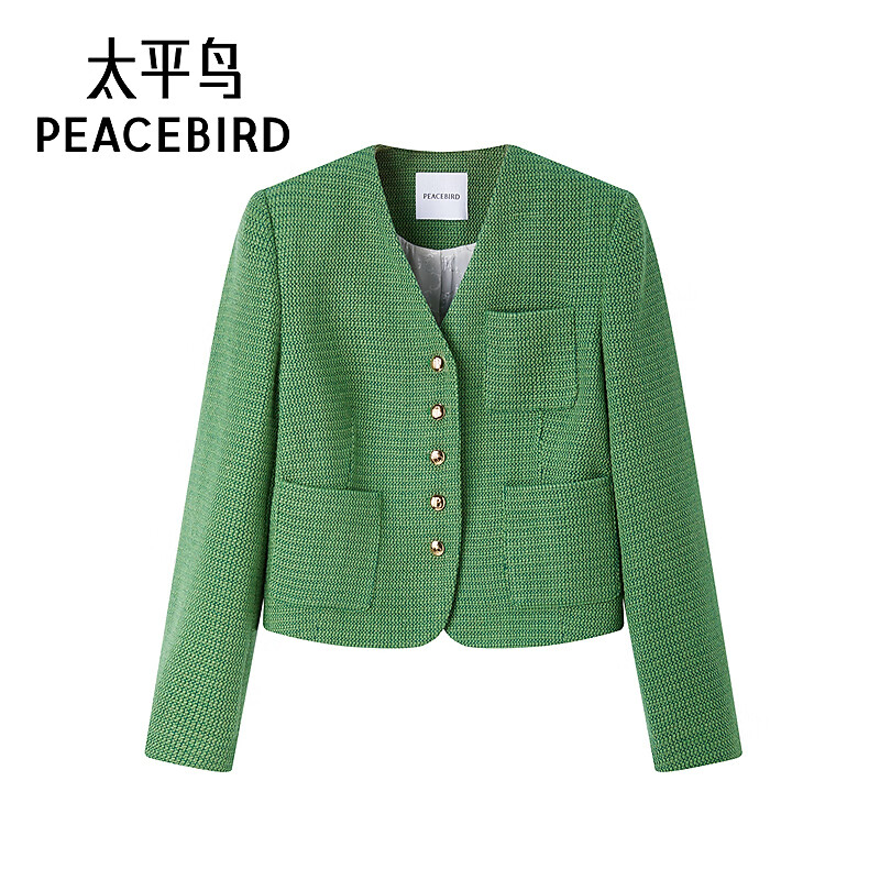太平鸟女装外套短款小香风质感通勤气质休闲口袋 绿色 L