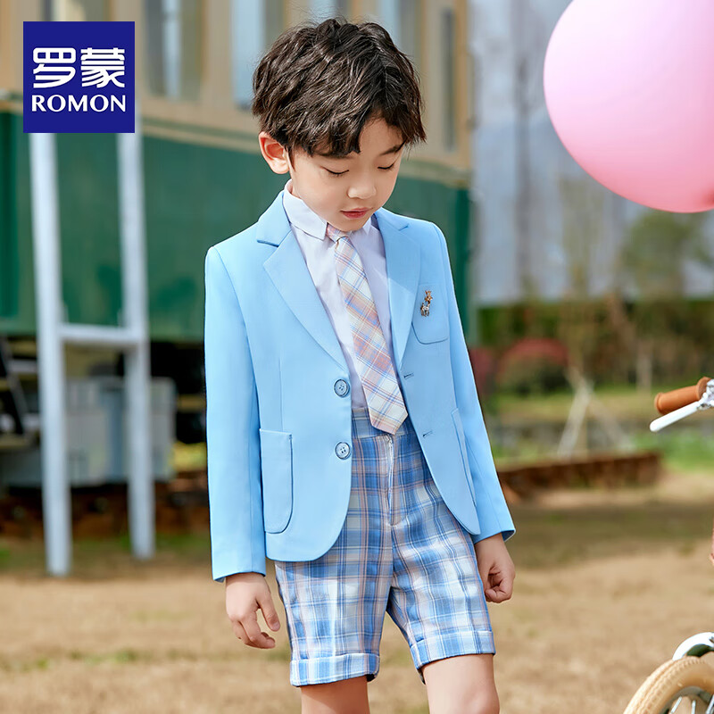 罗蒙女童JK套装格子裙半身裙夏季儿童宝宝短裙高腰显瘦百褶裙 蓝格子短裤 120