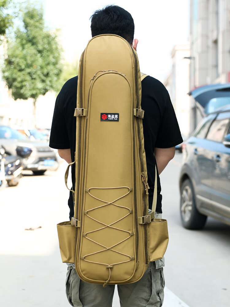 海盜旗魚竿包大容量漁具包釣魚多功能戶外雙肩背包自由潛長腳蹼包12米 卡其色 1米