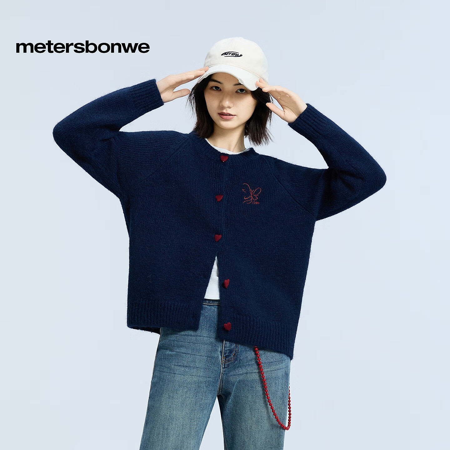 美特斯邦威毛衣女2025冬季新款休闲撞色扣毛衣开衫柔软舒适上衣女 藏青色 M 160/84A