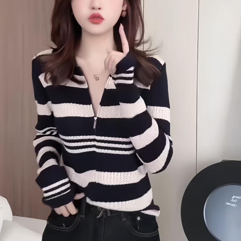 莱景春秋新款时尚复古撞色条纹开衫针织衫女气质百搭显瘦打底开衫上衣 藏青条纹 S