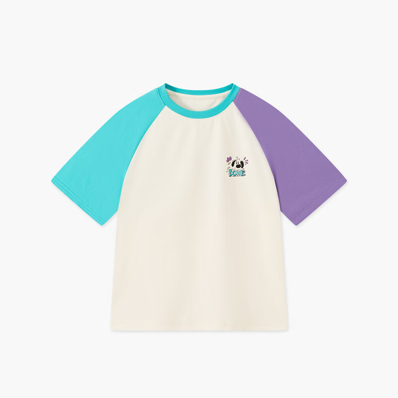 MQD 男大童撞色插肩袖卡通短袖 紫色/草绿