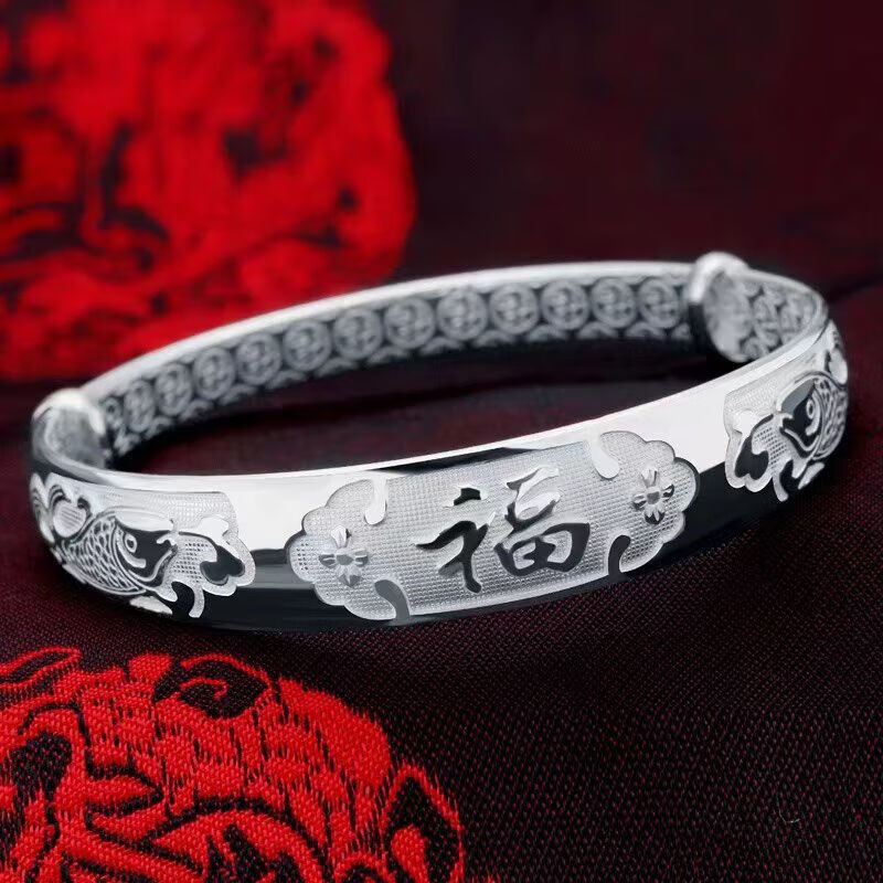 妈妈款银手镯女繁花似锦9999足银实心银镯子送奶奶丈母娘 蓬莲心经古法25(证书+礼盒