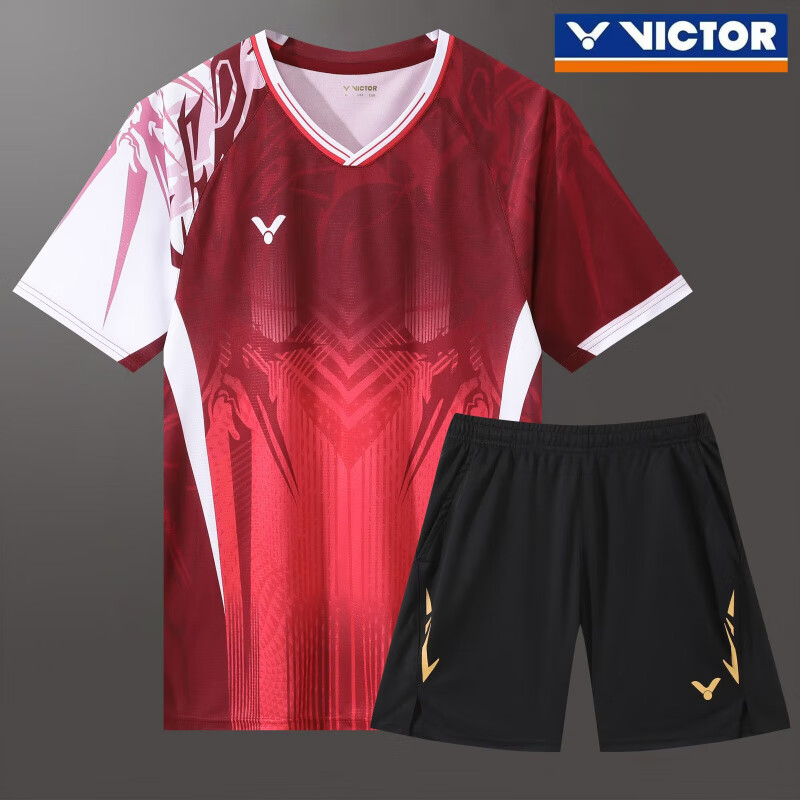 威克多（VICTOR）勝利2025羽毛球服速干上衣男短袖大賽服女運動(dòng)套裝夏 2202紅色套裝【男】 L