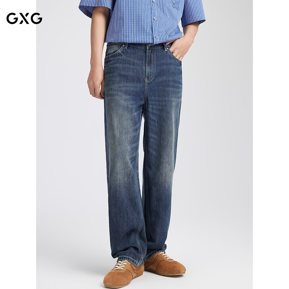 GXG男装 宽松直筒复古深色水洗牛仔裤休闲弹力长裤子2025夏季新品 深蓝1 L