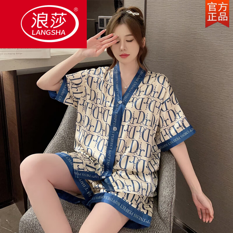 浪莎（LangSha）2025冰丝睡衣夏短袖短裤女夏天薄款轻奢潮牌凉感开衫家居服两件套 823对襟蓝色D字母 M