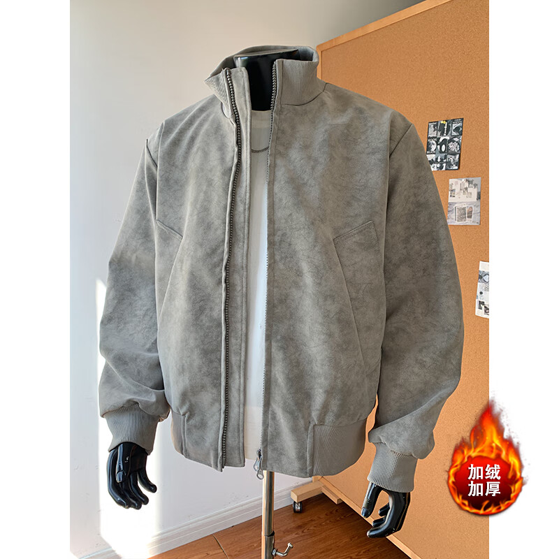 举风美拉德pu皮飞行员夹克男款高级感痞帅短款外套美式复古立领棒球服 5D1182灰色【冬季加绒加厚】 M