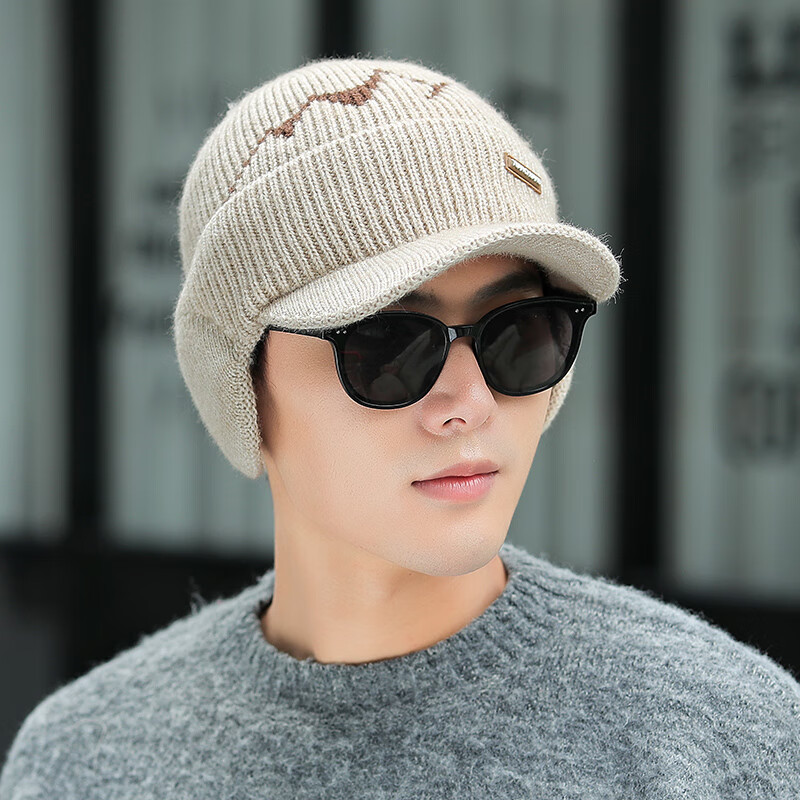 帽毛线帽子冬季保暖新款秋围巾围脖一体护耳鸭舌 米色单帽(只有帽子)