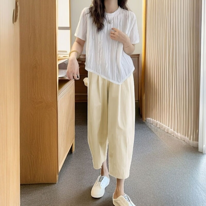 芳透夏季款搭配一整套女微胖盐系穿搭肌理感T恤+九分阔腿裤两件套 白色上衣+卡其裤子 S