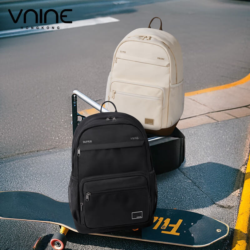 第九城(V.NINE)双肩包男生大容量背包女士简约百搭笔记本电脑包大学生书包 曜石黑