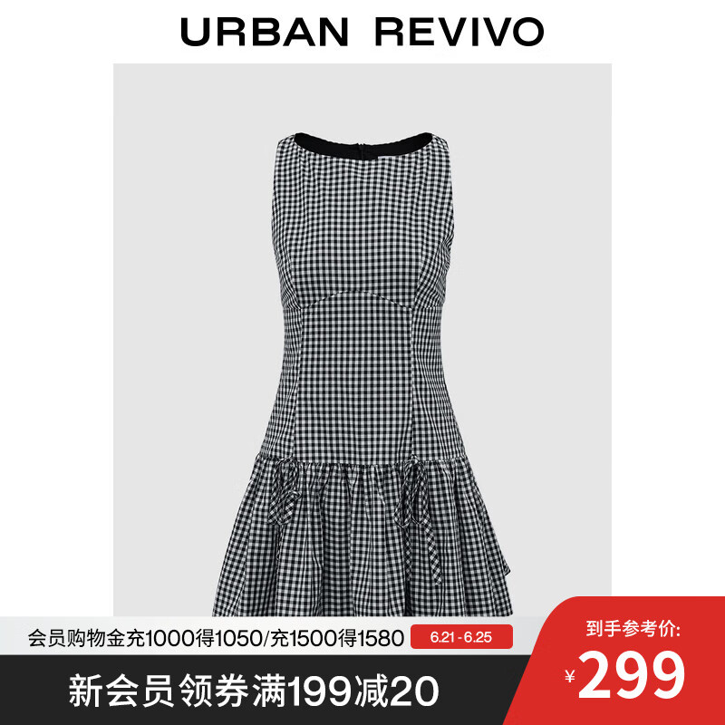 UR2025夏季新款女装休闲撞色格纹系带无袖连衣裙UYU750103 黑色格子 S