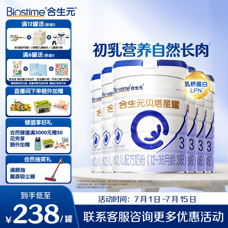 合生元（BIOSTIME）贝塔星耀 幼儿配方奶粉好吸收3段(12-36个月) DHA 700g*6罐新国标