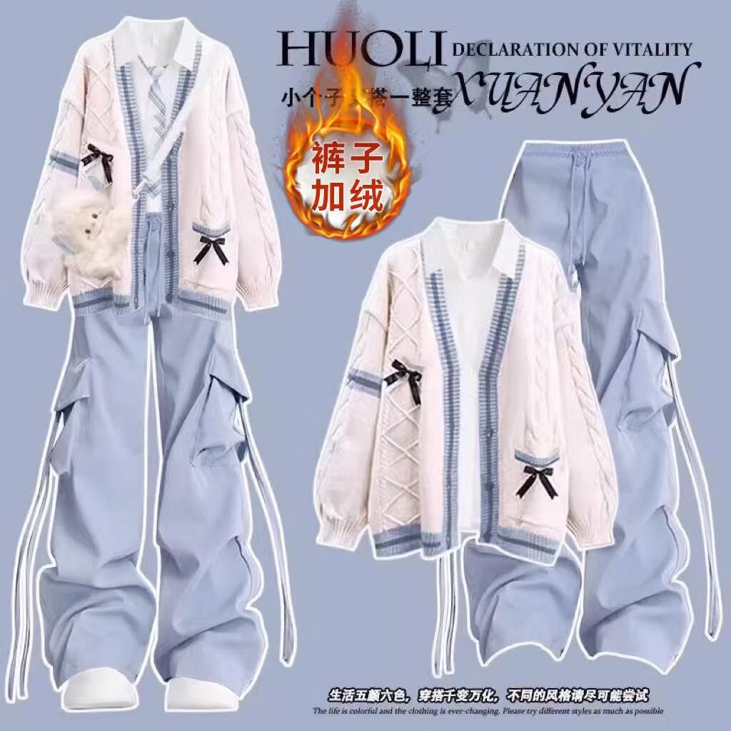 欧颖慕女大童套装春季新款初高中生春装毛衣休闲裤三件套女孩衣服外套女 三件套 粉色毛衣+白衬衫+粉裤 155 （S）码【建议75-90斤】