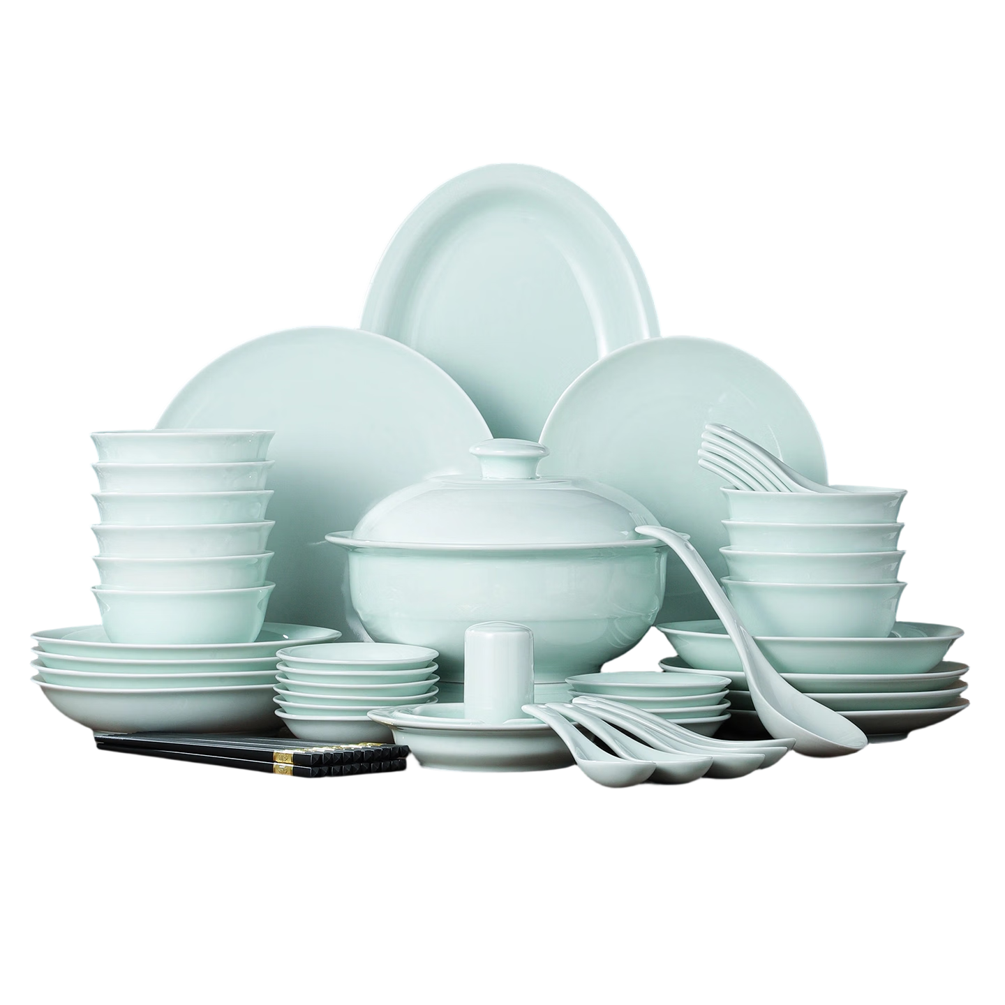 景德镇（jdz）陶瓷餐具套装家用中式影青碗盘餐具简约纯色碗碟高档乔迁礼物流影