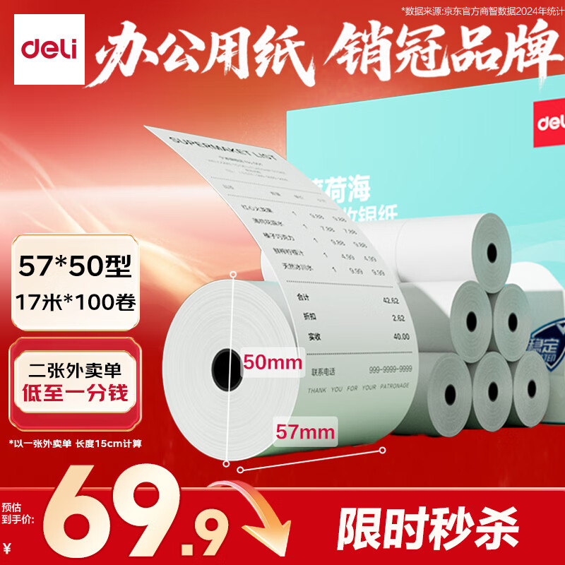 得力（deli）57*50型17米*100卷 薄荷海热敏收银纸 京东外卖超市小票纸 ZS184【适配58mm机器 5801P等】