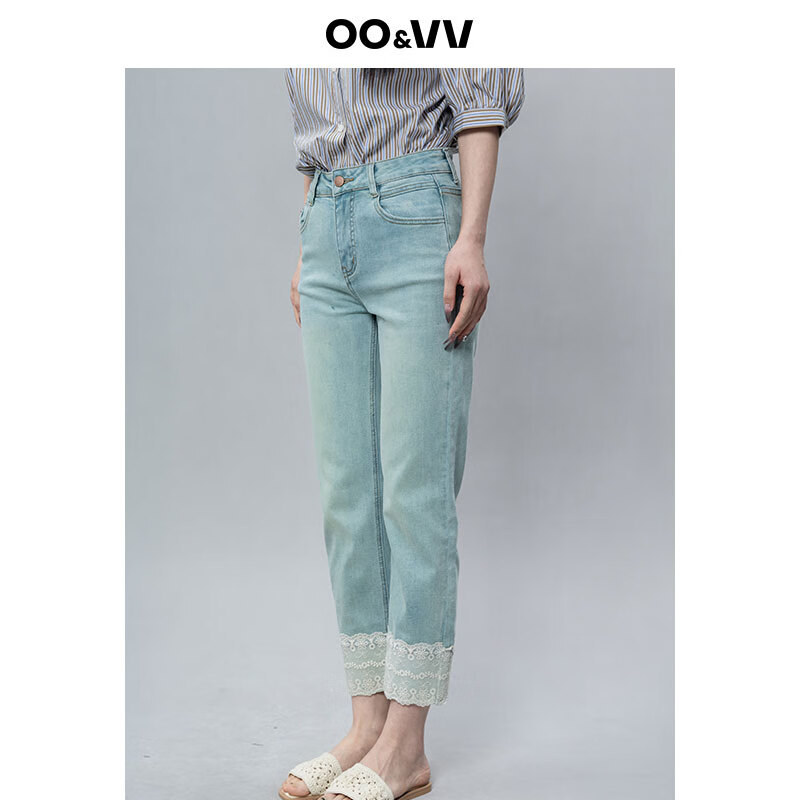 OO&VV复古港风高腰显瘦蕾丝拼接牛仔裤女2025夏新款直筒九分裤子 复古蓝 XL