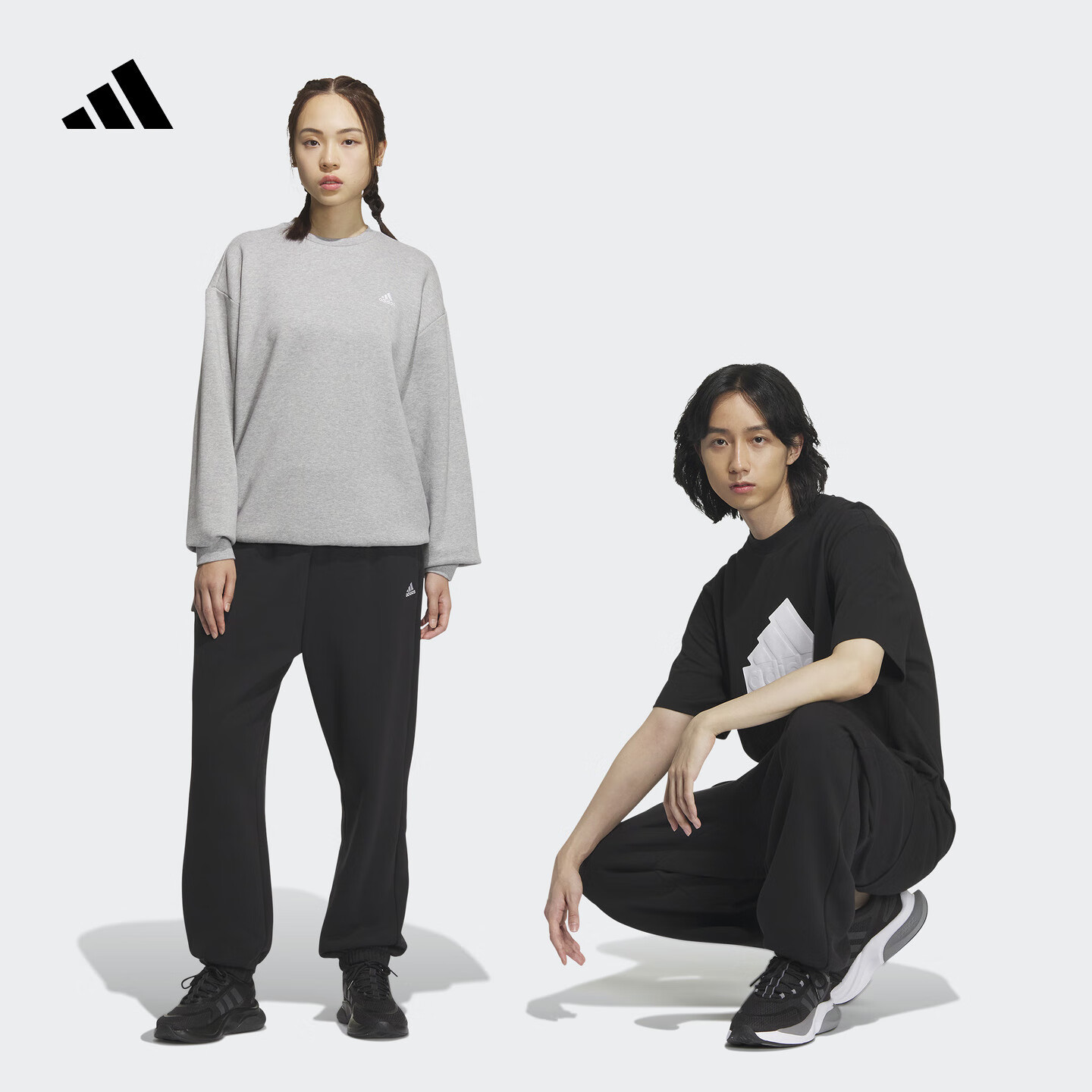 adidas情侣款加绒加厚直筒束脚运动裤男女秋冬阿迪达斯官方轻运动   黑色（推荐女生选小一码）   M