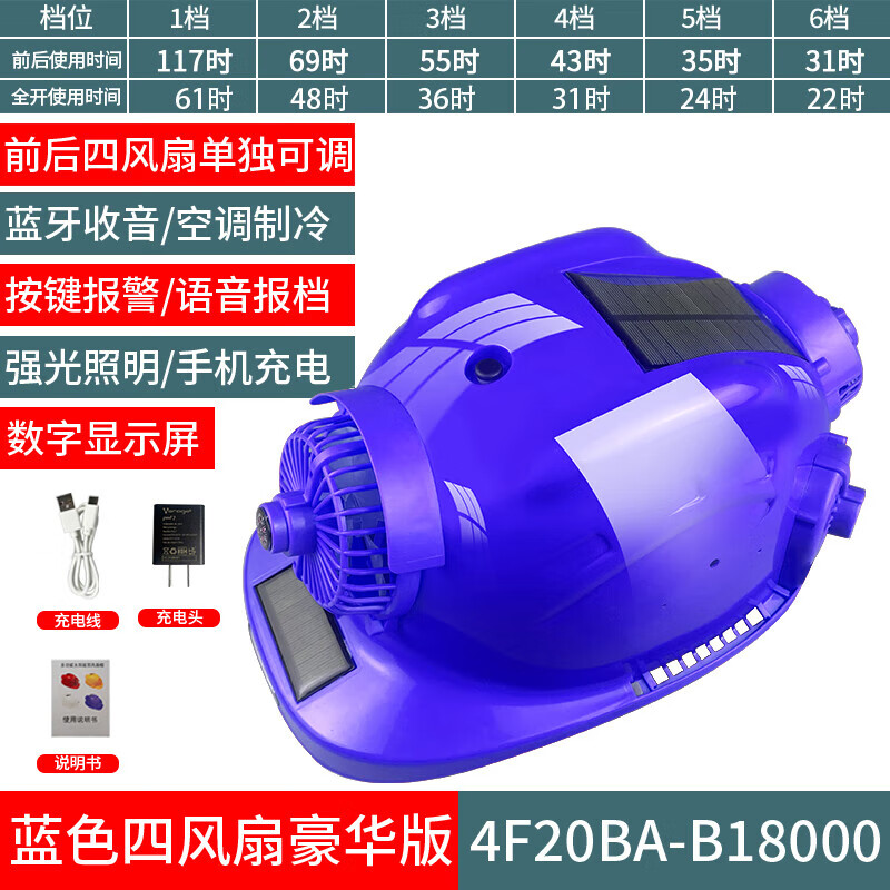 工地遮陽(yáng)太陽(yáng)能雙充電帶風(fēng)扇安全帽夏季工地遮陽(yáng)防曬頭盔內(nèi)置空調(diào)制冷降溫 藍(lán)色防水18000[四風(fēng)扇+雙空調(diào)+藍(lán)