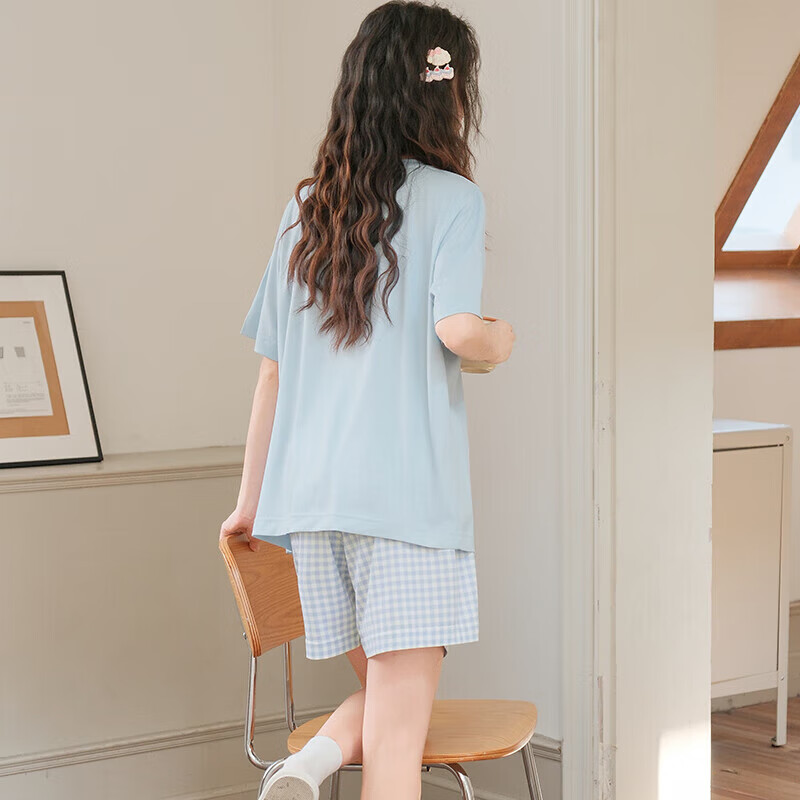 芬腾睡衣女夏季新款薄款短袖短裤甜美可爱少女大码家居服夏天套装 FX26921557冰兰 S 建议：70-90斤