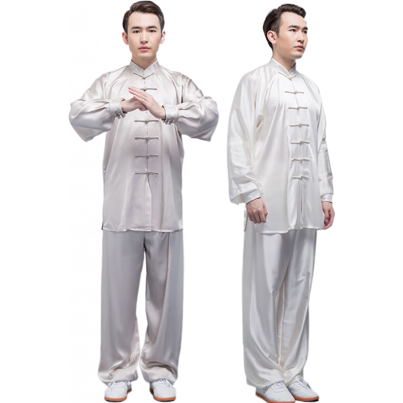 紅棉太極服夏季真絲男真桑蠶絲女中國風(fēng)太極拳武術(shù)練功服爸爸裝 真絲淺灰色 XXS