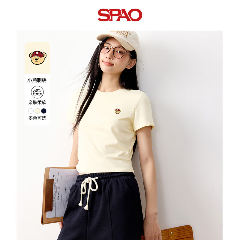 SPAO韩国同款小熊t恤女夏季新款透气休闲圆领正肩短袖女SPDX25AT06LD 杏#红帽子熊-贴布绣 XL